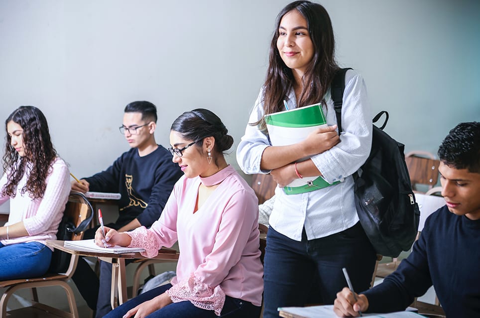 Student-carrying-textbook-with-other-students-seating-on-bench Student carrying textbook with other students seating on bench